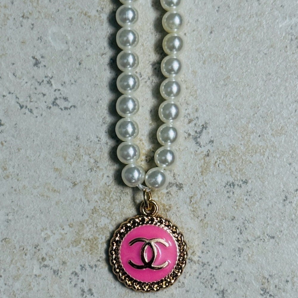 Pearl Beaded Necklace with Pink Medallion Pendant